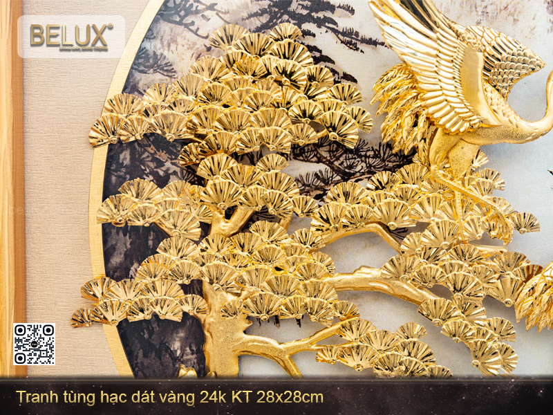 Tranh Tùng Hạc Dát Vàng 24k Kt 28x28cm