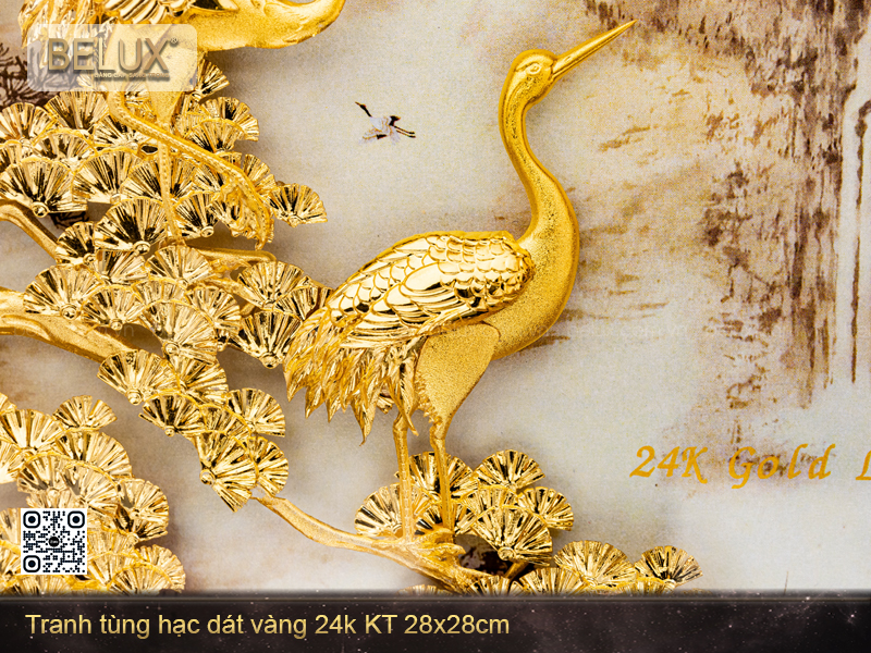 Tranh Tùng Hạc Dát Vàng 24k Kt 28x28cm