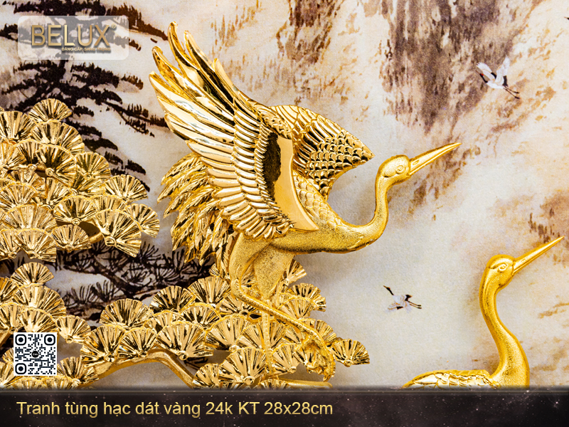 Tranh Tùng Hạc Dát Vàng 24k Kt 28x28cm