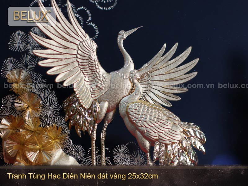 Tranh Tùng Hạc diên niên dát vàng 24k 32x25cm