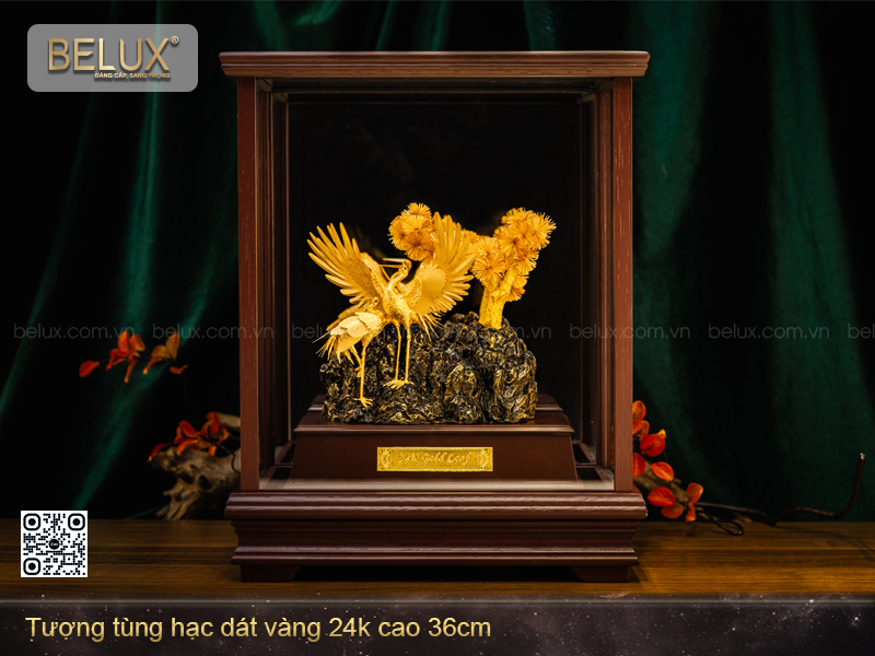 Tượng Tùng Hạc Dát Vàng 24k Cao 36cm Mẫu 2