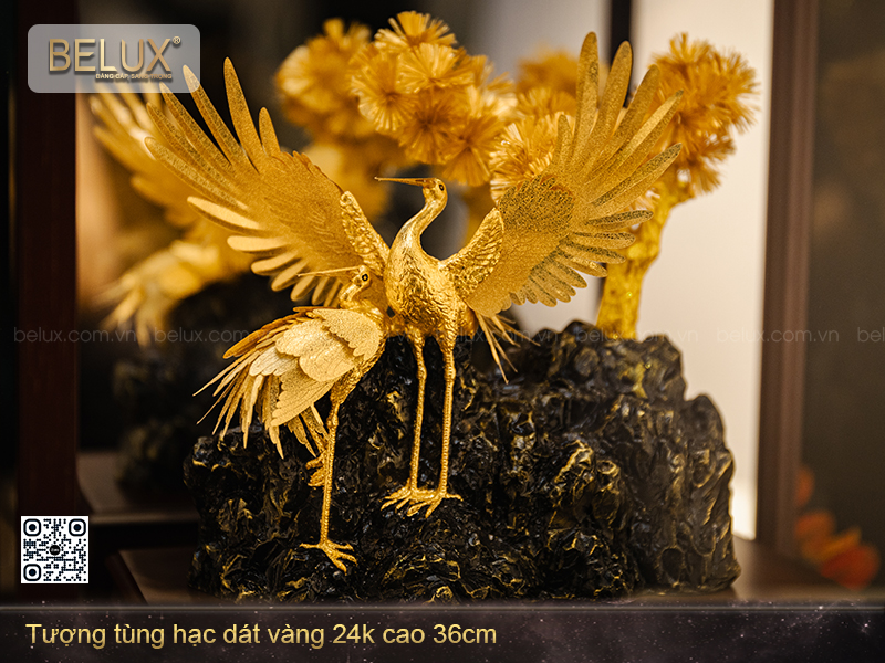 Tượng Tùng Hạc Dát Vàng 24k Cao 36cm Mẫu 2