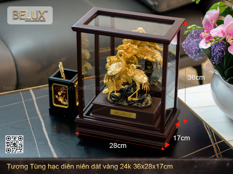 Tượng Tùng Hạc Diên Niên Dát Vàng 24k 36x28x17cm