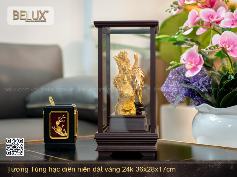Tượng Tùng Hạc Diên Niên Dát Vàng 24k 36x28x17cm