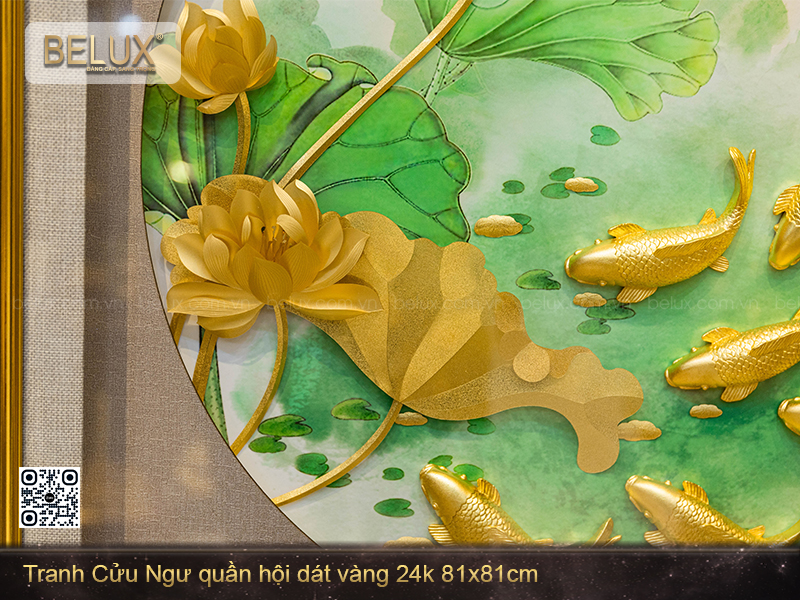tranh ca chep hoa sen dat vang 81x81