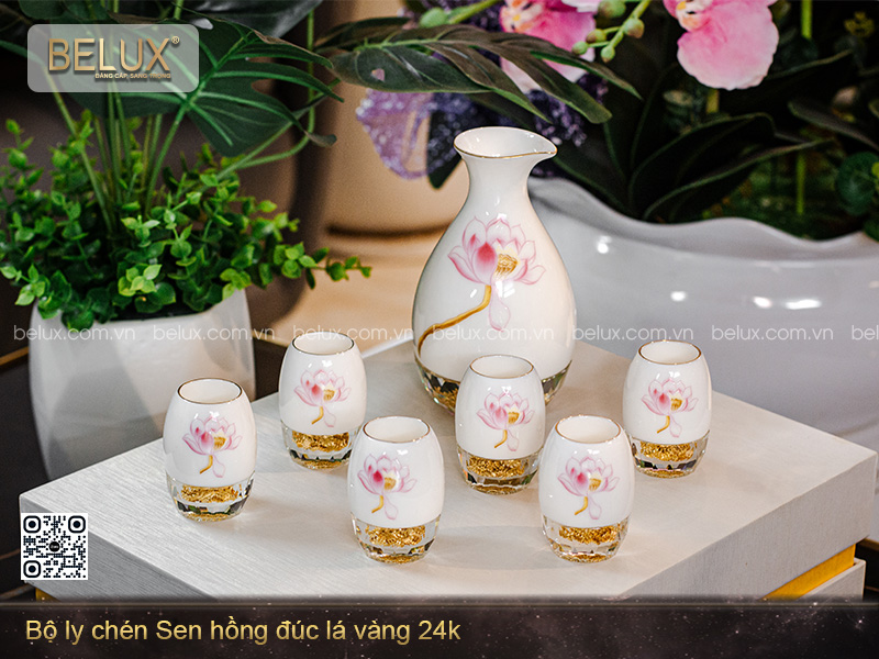 Bộ ly chén Sen hồng đúc lá vàng 24k