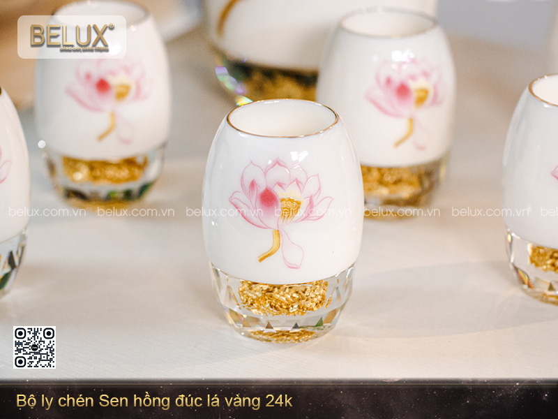 Bộ ly chén Sen hồng đúc lá vàng 24k