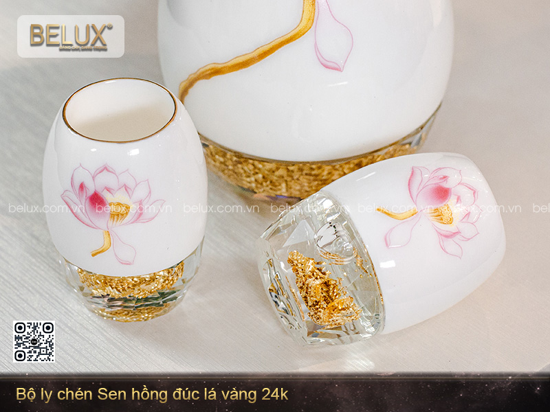 Bộ ly chén Sen hồng đúc lá vàng 24k