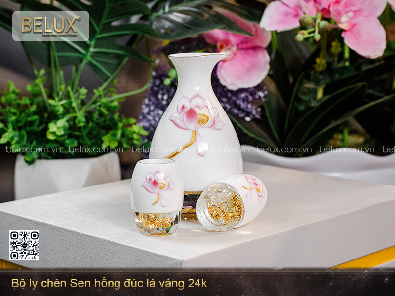 Bộ ly chén Sen hồng đúc lá vàng 24k