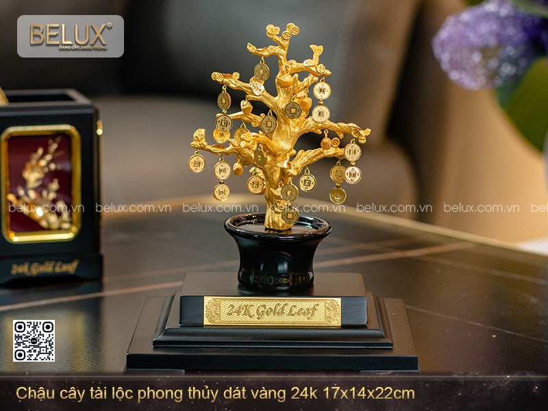 Chậu cây tài lộc phong thủy dát vàng 24k 17x14x22cm