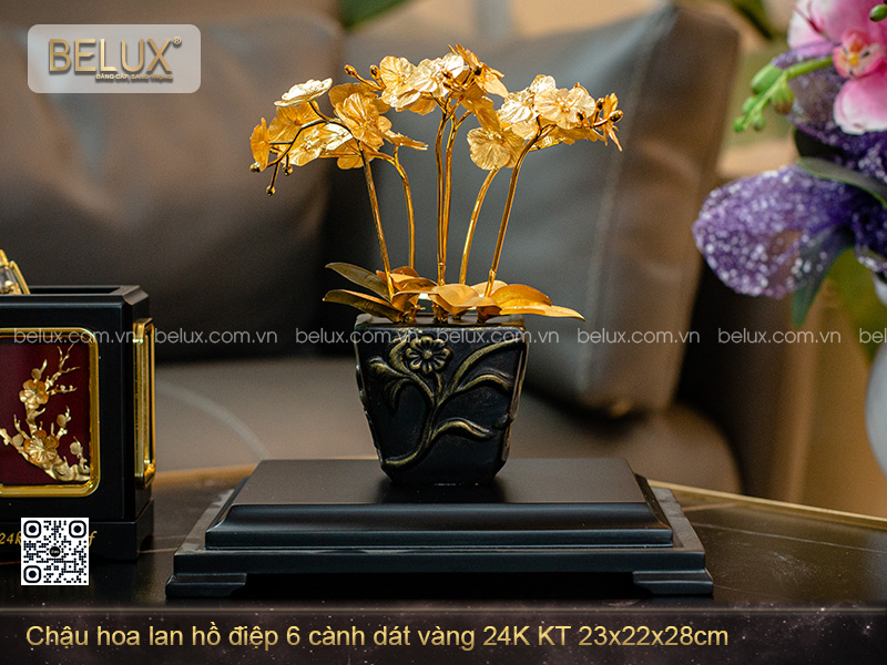 Chậu hoa lan hồ điệp 6 cành dát vàng 24K KT 23x22x28cm