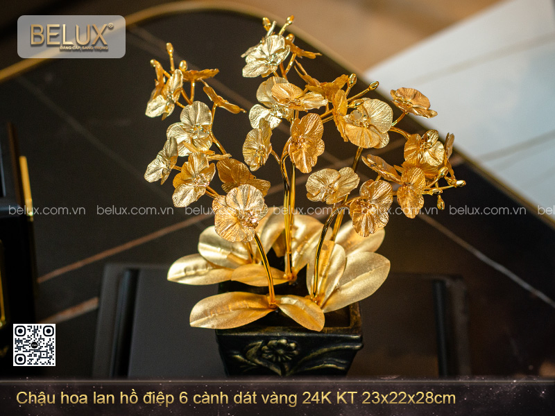 Chậu hoa lan hồ điệp 6 cành dát vàng 24K KT 23x22x28cm