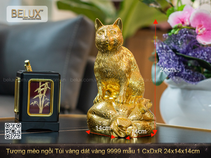 Tượng Mèo ngồi Túi vàng dát vàng 9999