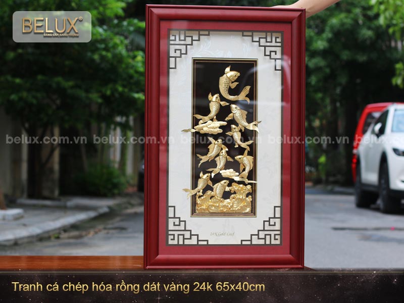 Tranh Cá Chép hóa rồng Dát Vàng 24k 65x40cm