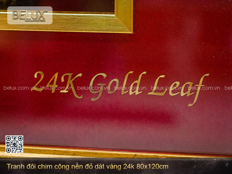 Tranh đôi chim công nền đỏ dát vàng 24k