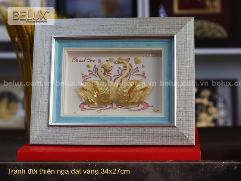 Tranh Đôi Thiên Nga dát vàng 24k 34x27cm