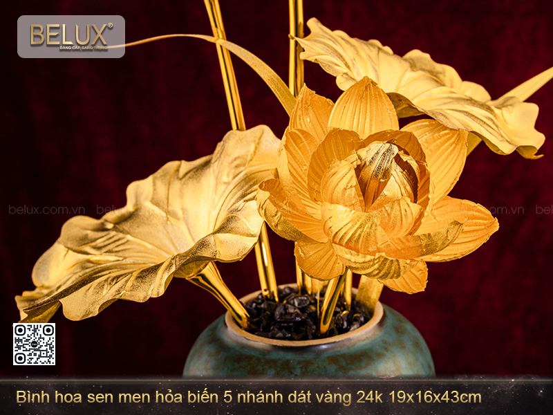 Bình Hoa Sen Men Hỏa Biến 5 Nhánh Dát Vàng 24k