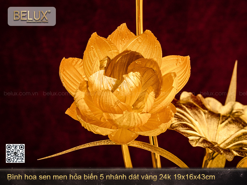 Bình hoa sen men hỏa biến 5 nhánh dát vàng 24k