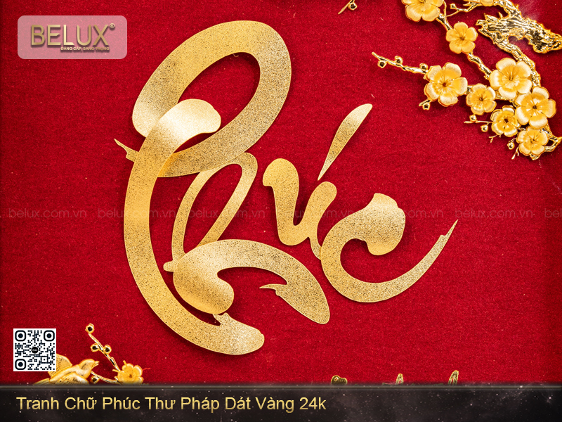 Tranh chữ Phúc thư pháp dát vàng 24k